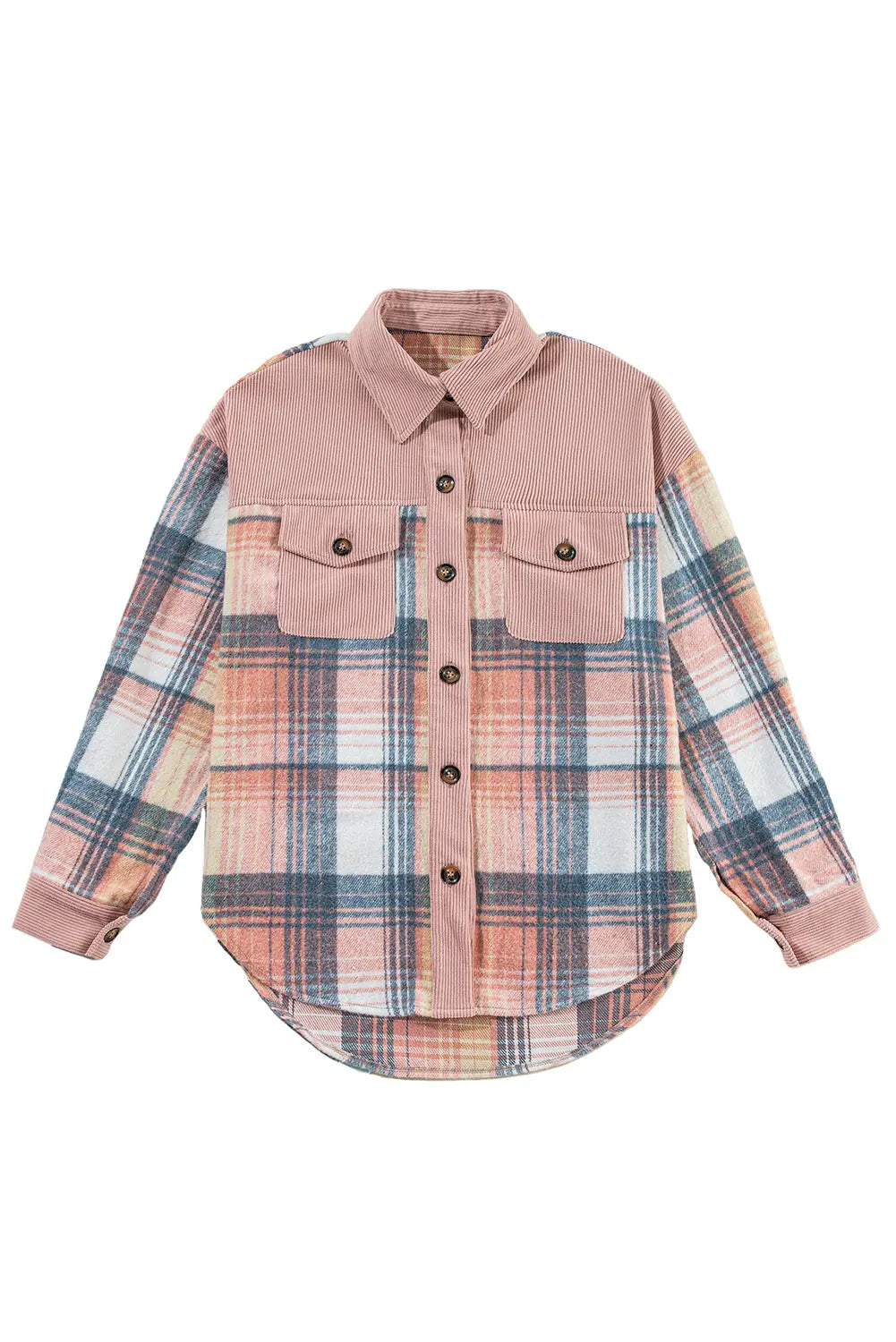 Cinnamon Plaid Corduroy Patchwork Pocket Loose Shacket Shewin