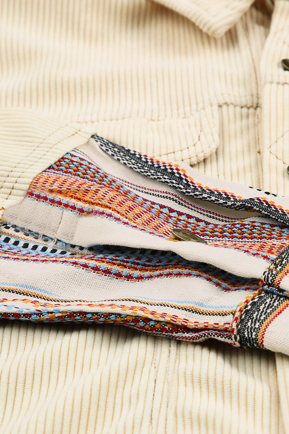 Beige Button Up Pockets Striped Color Block Corduroy Jacket Shewin