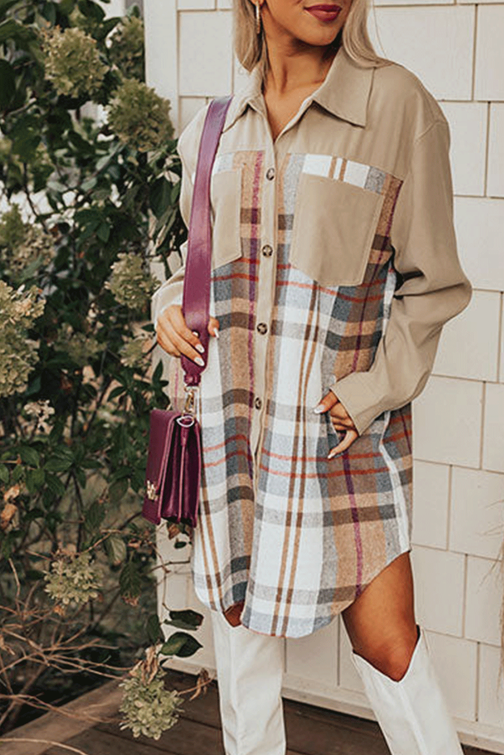 Khaki Plaid Patchwork Long Sleeve Jacket Shewin