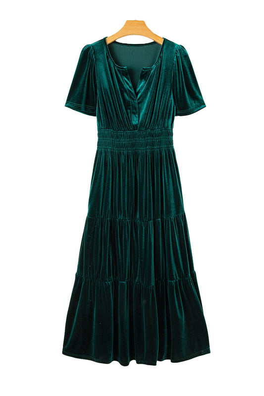Evergreen Velvet Puff Short Sleeve Smocked Waist Tiered Maxi Dress Shewin