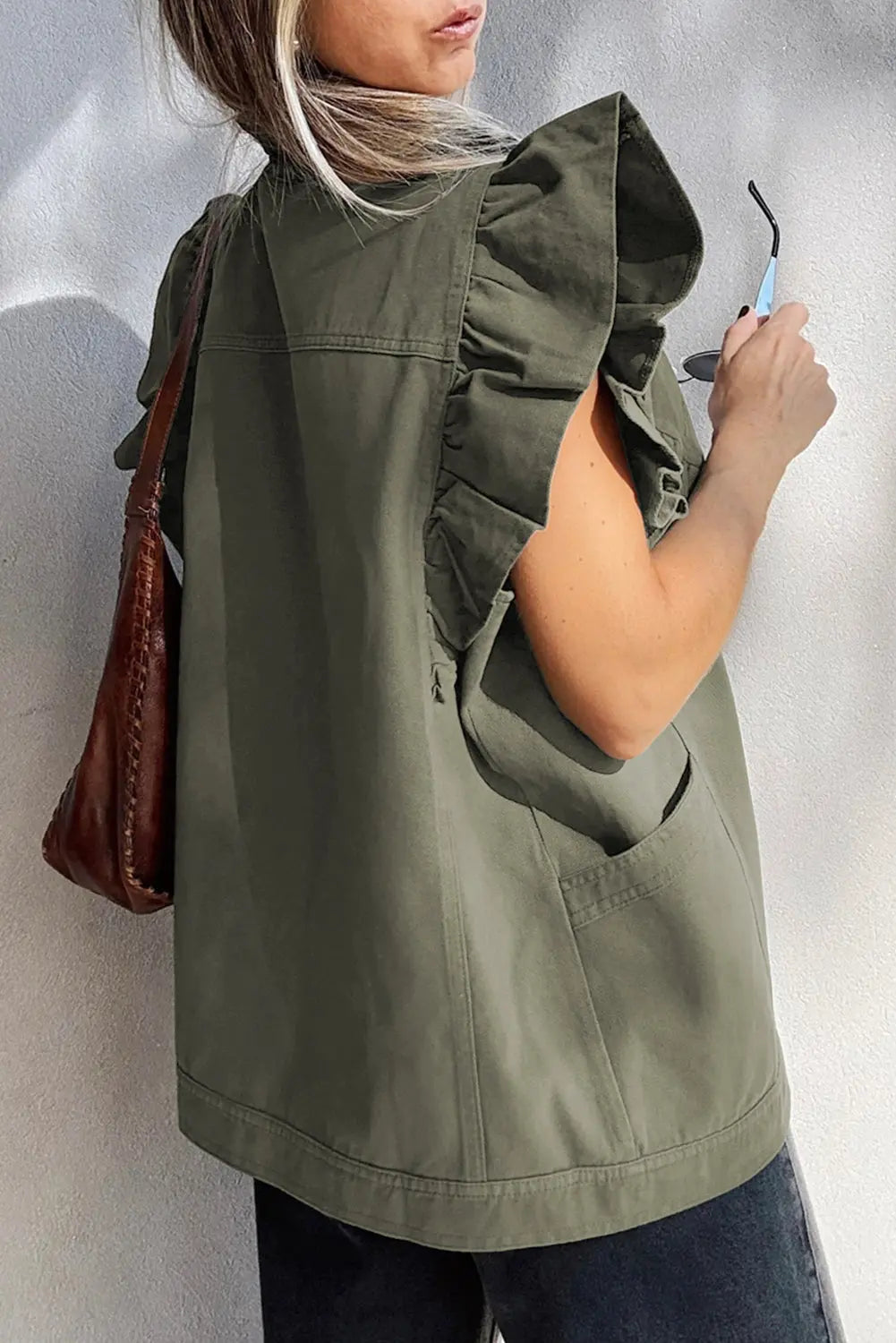 Green Bay Ruffle Plain Denim Jacket Vest Shewin