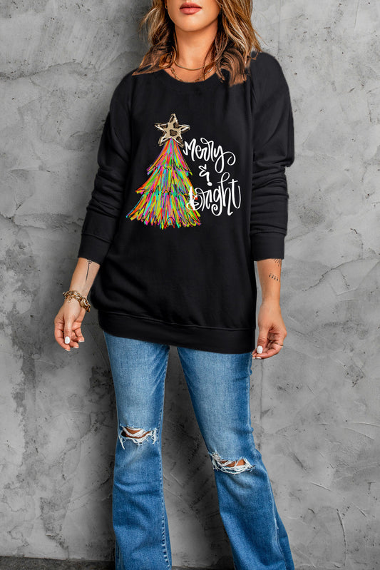 Black Merry Bright Christmas Tree Graphic Heat Transfer Printing Sweatshirt