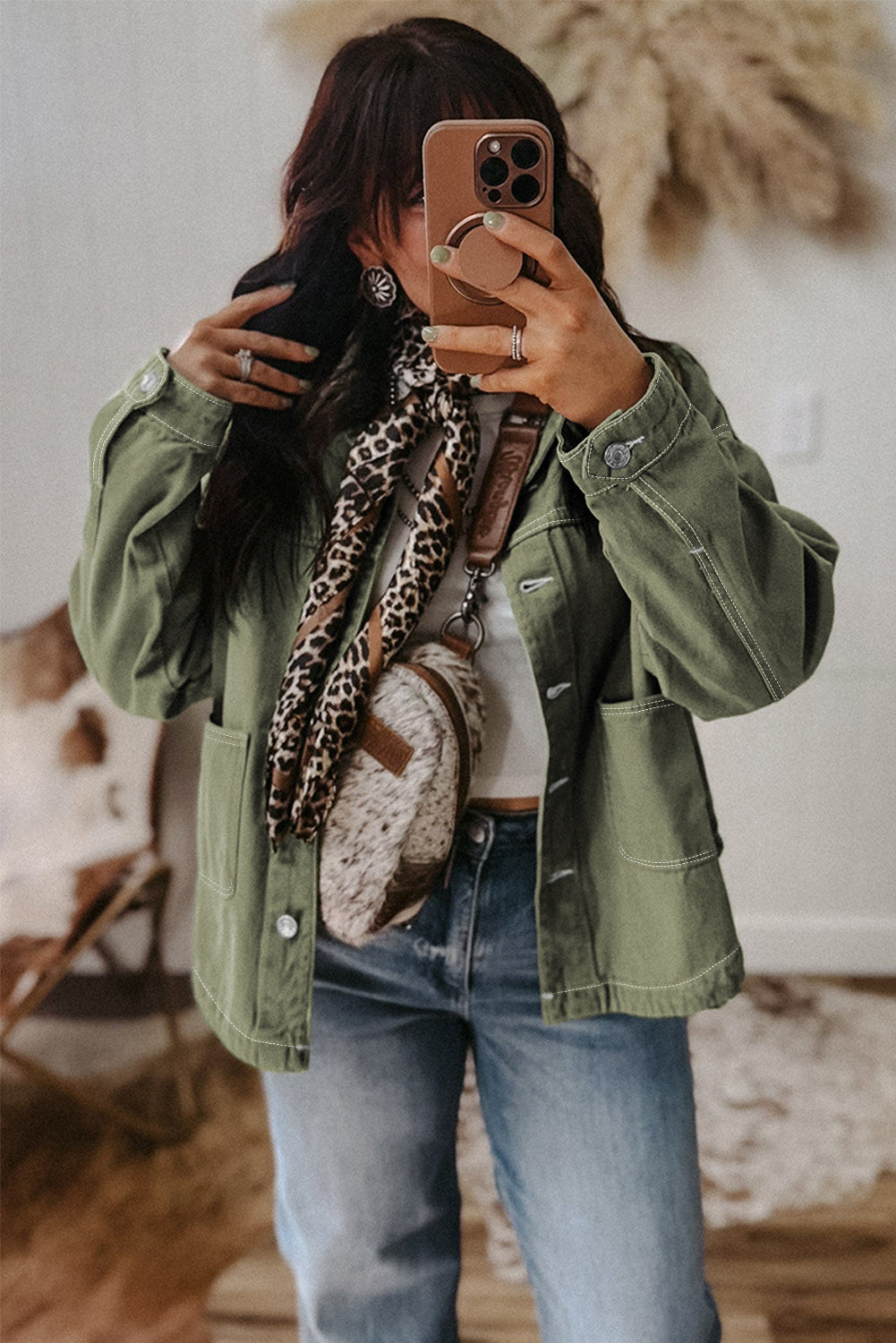 Smoke Green Pocket Collared Button Front Denim Jacket Shewin