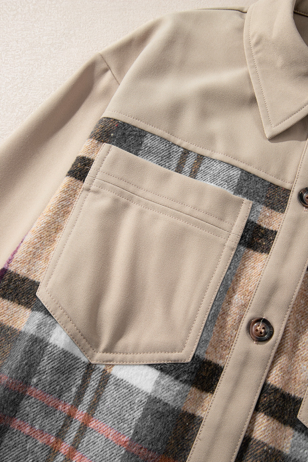 Khaki Plaid Patchwork Long Sleeve Jacket Shewin