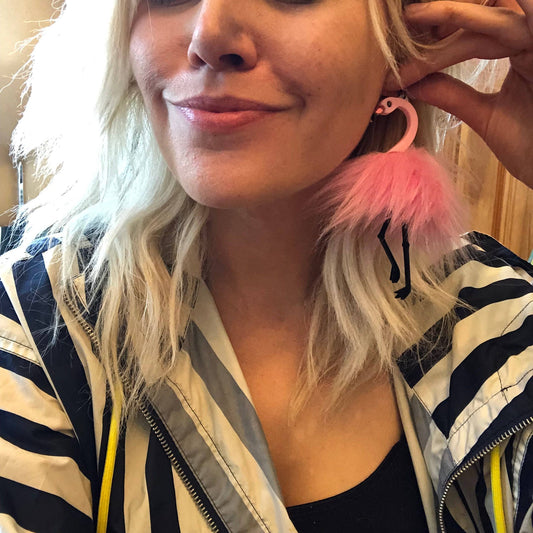 Pom Pom Fluff Pink Flamingo Earrings, Laser Cut Acrylic, Plastic Jewelry Quirks!