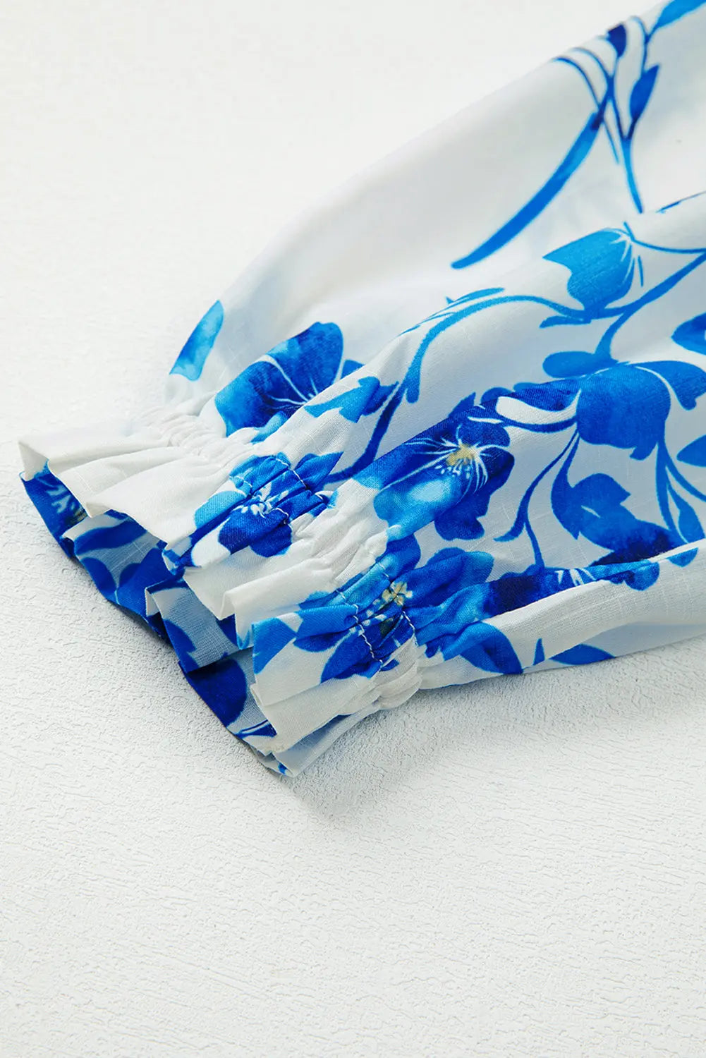 Blue Floral Long Sleeve Lace-up V Neck Blouse Shewin