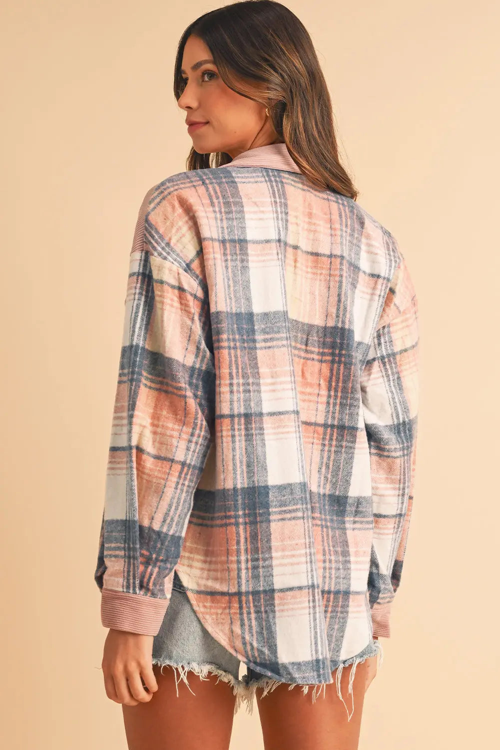 Cinnamon Plaid Corduroy Patchwork Pocket Loose Shacket Shewin