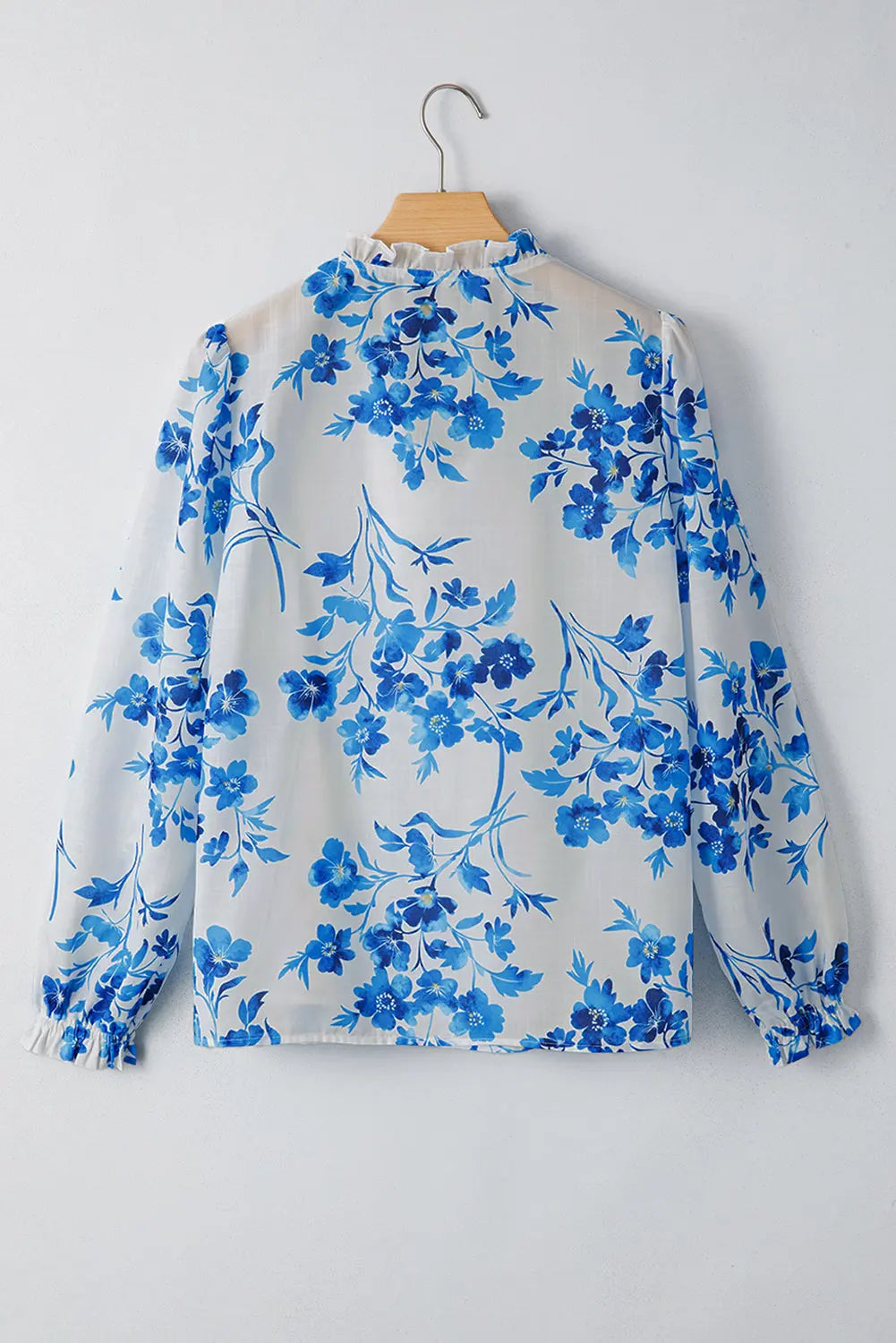 Blue Floral Long Sleeve Lace-up V Neck Blouse Shewin