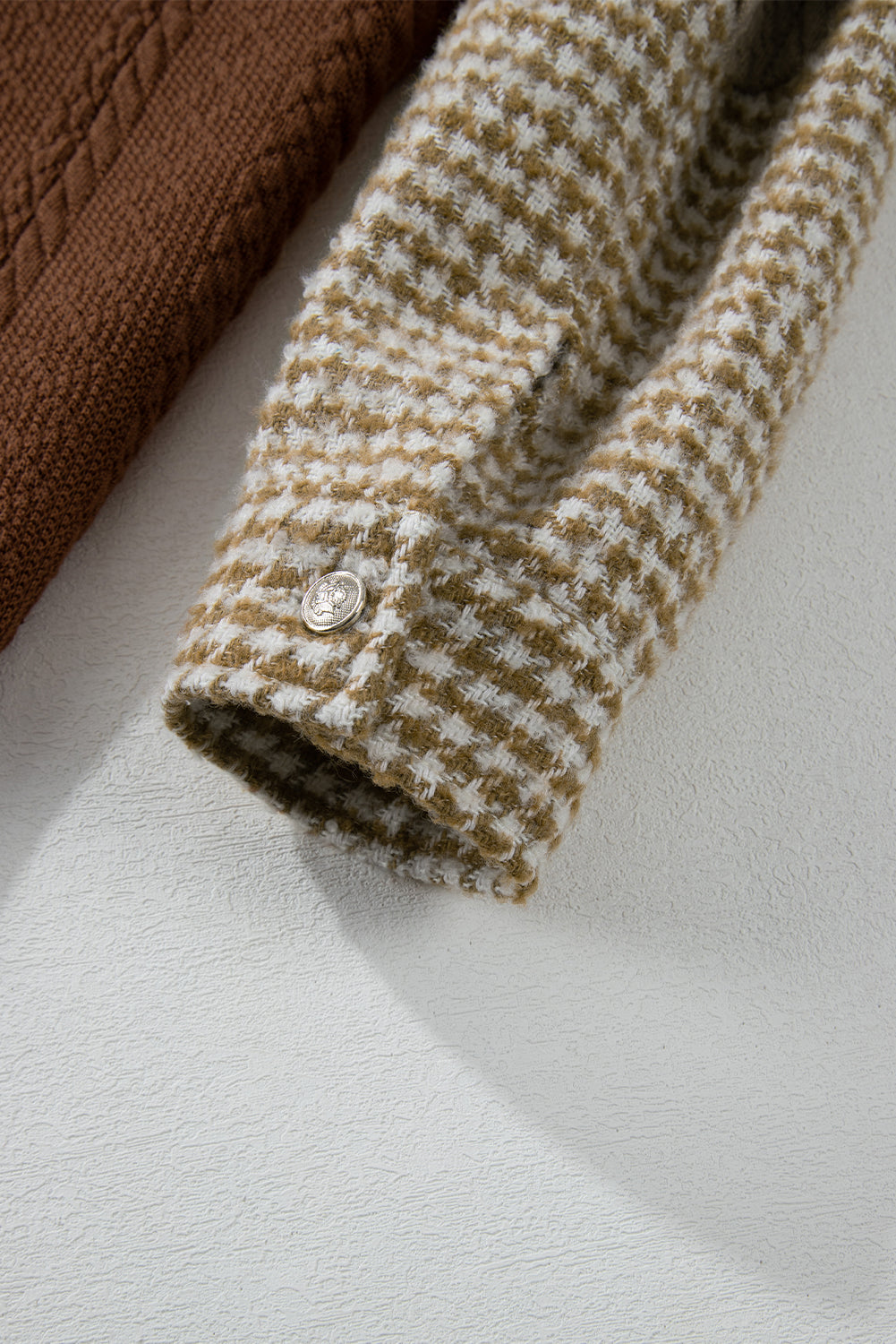 Khaki Houndstooth Textured Patchwork Loose Shacket Shewin