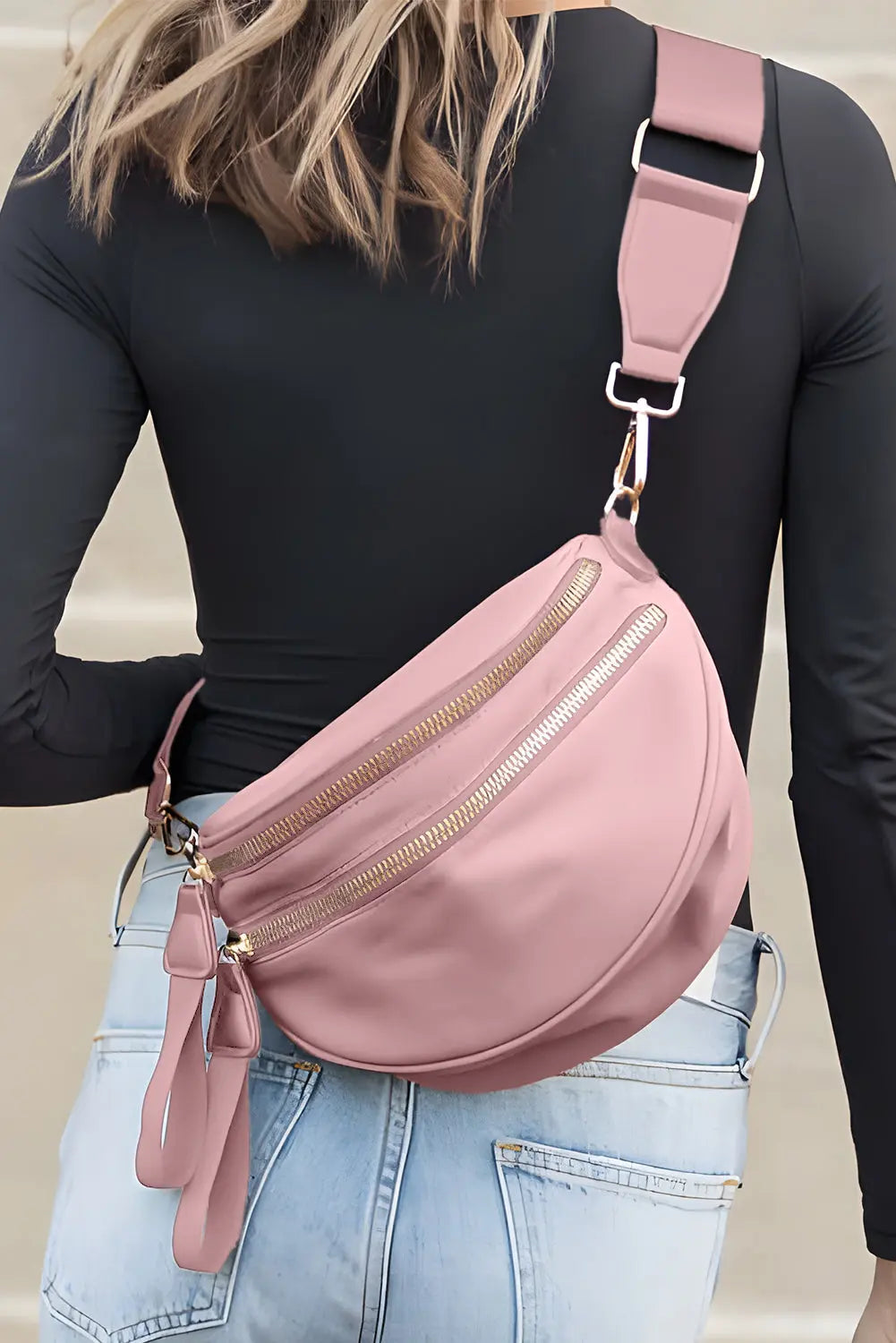 Light Blue Wide Strap Double Zipper Crossbody Bag Shewin