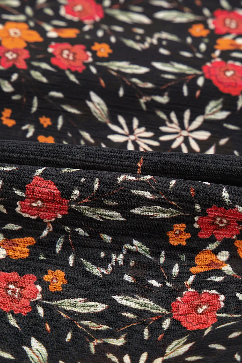 Black Floral Print Collared Button Up Puff Sleeve Shirt Shewin