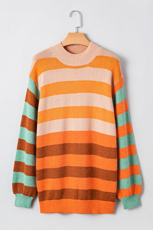 Orange Striped Colorblock High Neck Drop Shoulder Cozy Sweater Shewin