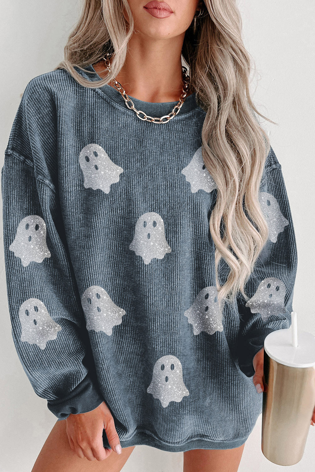 Black Halloween Ghost Corded Crew Neck Loose Sweatshirt Shewin