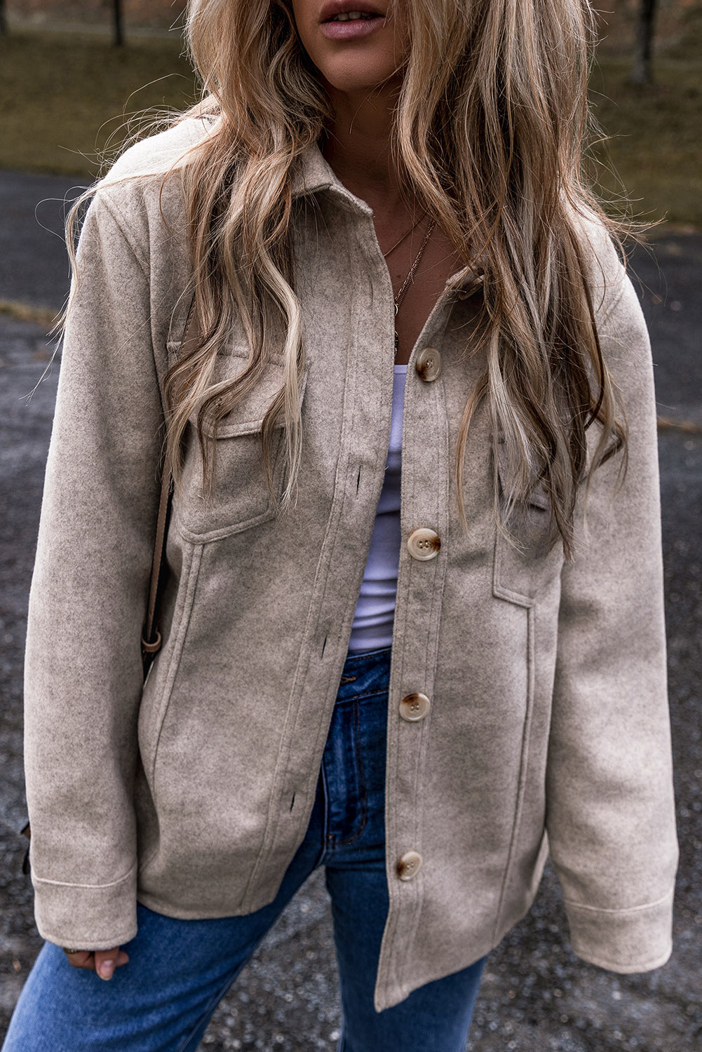 Light Grey Turn Down Collar Flap Pockets Buttoned Shacket Shewin