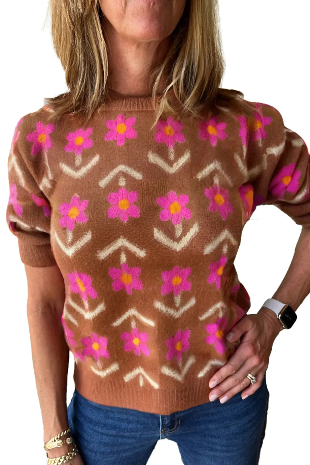 Brown Floral Pattern Short Puff Sleeve Sweater Shewin