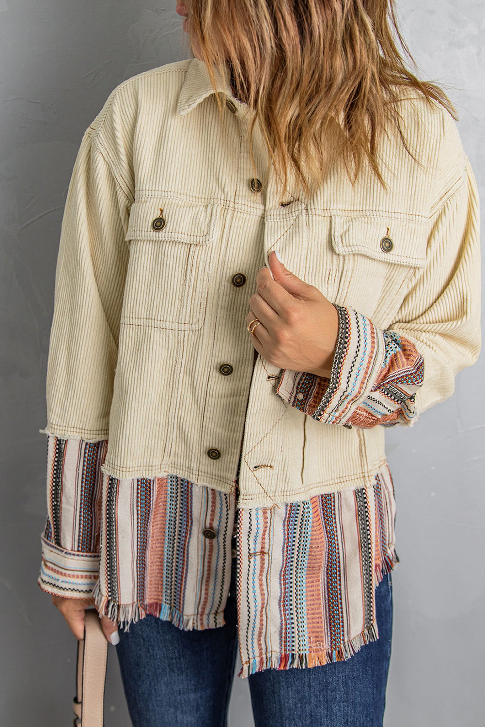 Beige Button Up Pockets Striped Color Block Corduroy Jacket Shewin