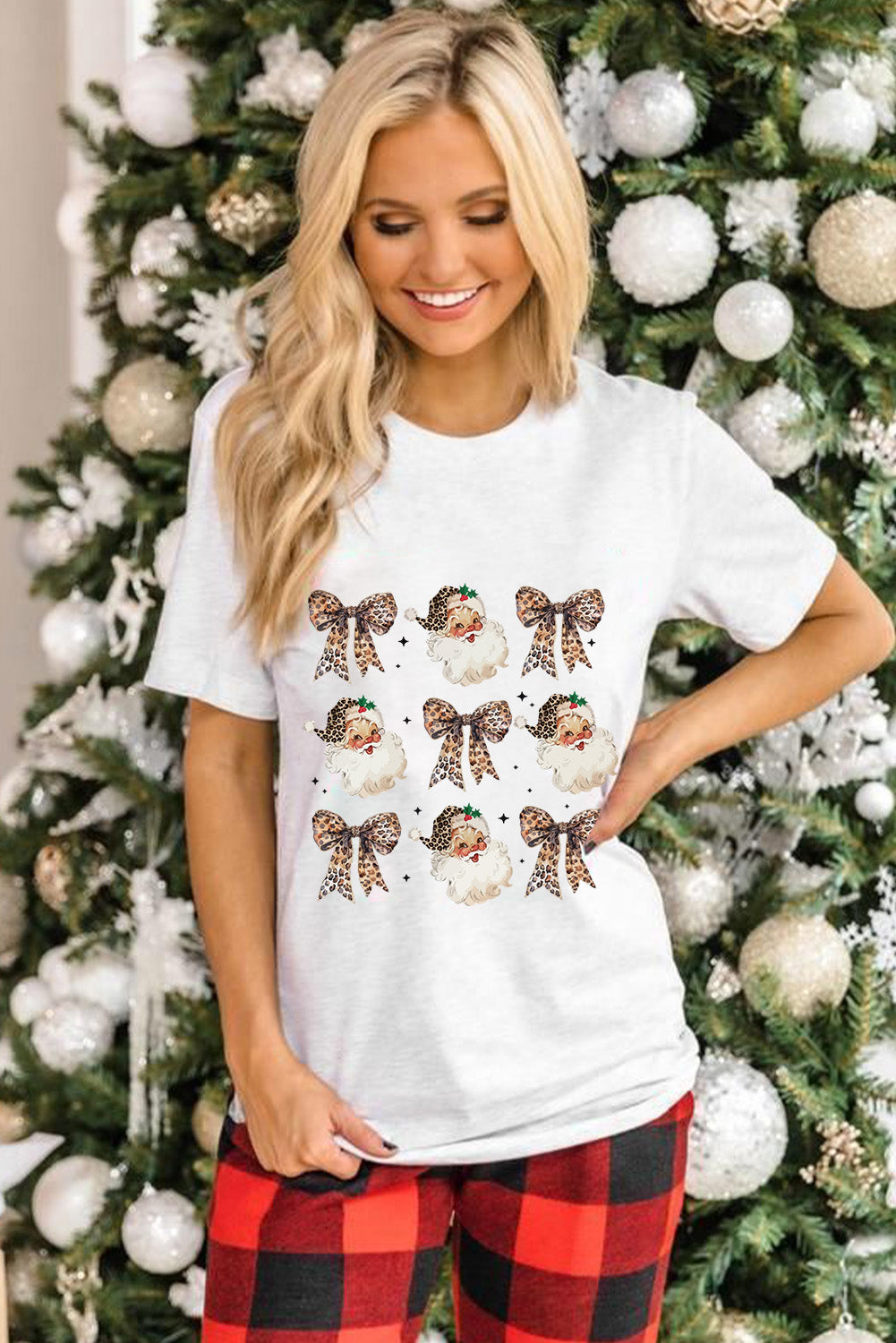 White Santa Claus Leopard Bow Heat Transfer Printing Crew Neck Graphic T Shirt