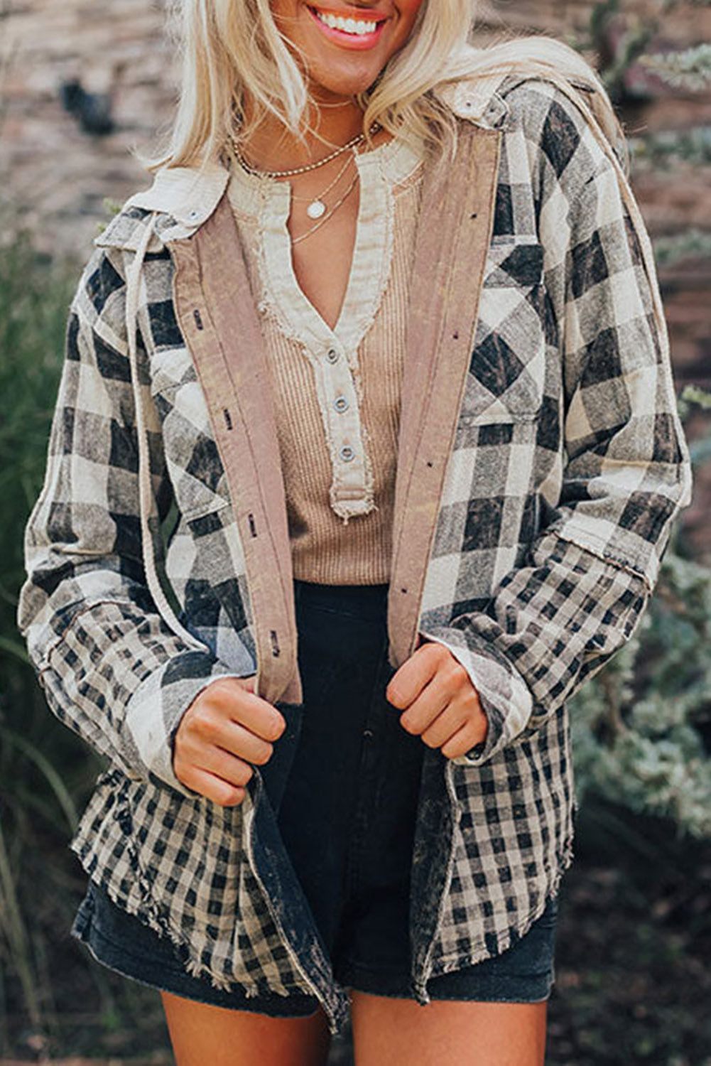 Black Plaid Patchwork Drawstring Hooded Raw Hem Shacket Shewin