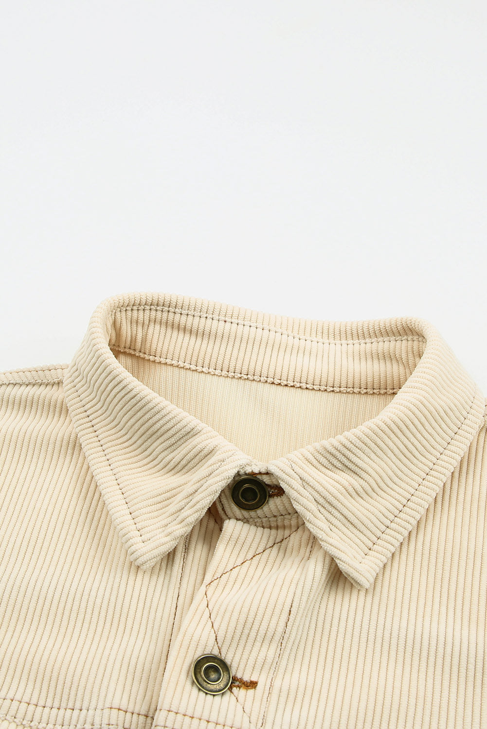 Beige Button Up Pockets Striped Color Block Corduroy Jacket Shewin