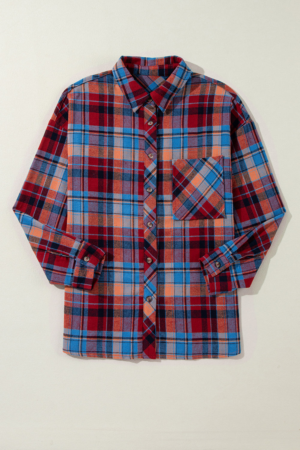 Red Plaid Print Long Sleeved Loose Cotton Collar Shirt Shewin