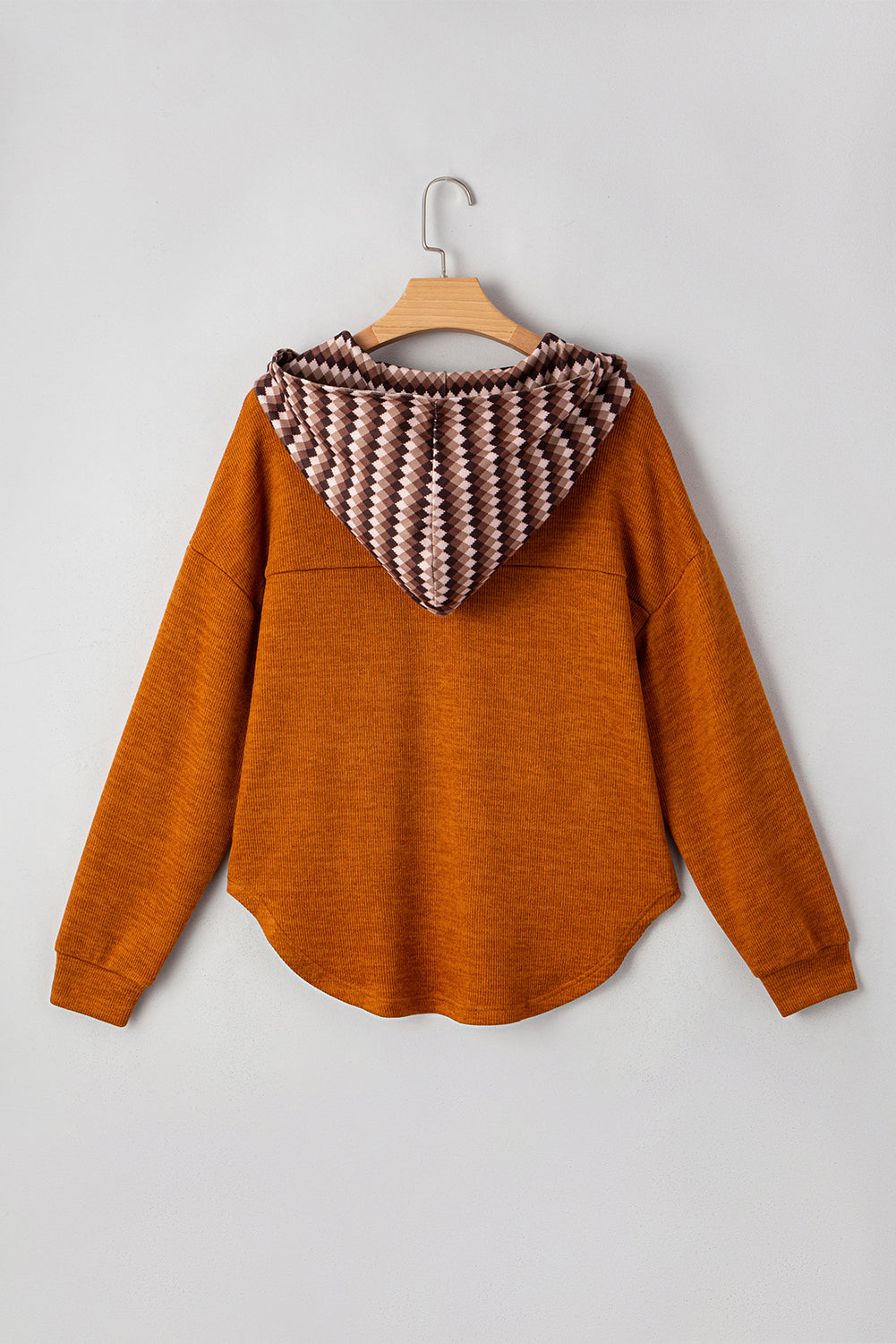 Straw Yellow Contrast Plaid Hooded Patchwork Pocket Henley Top Shewin