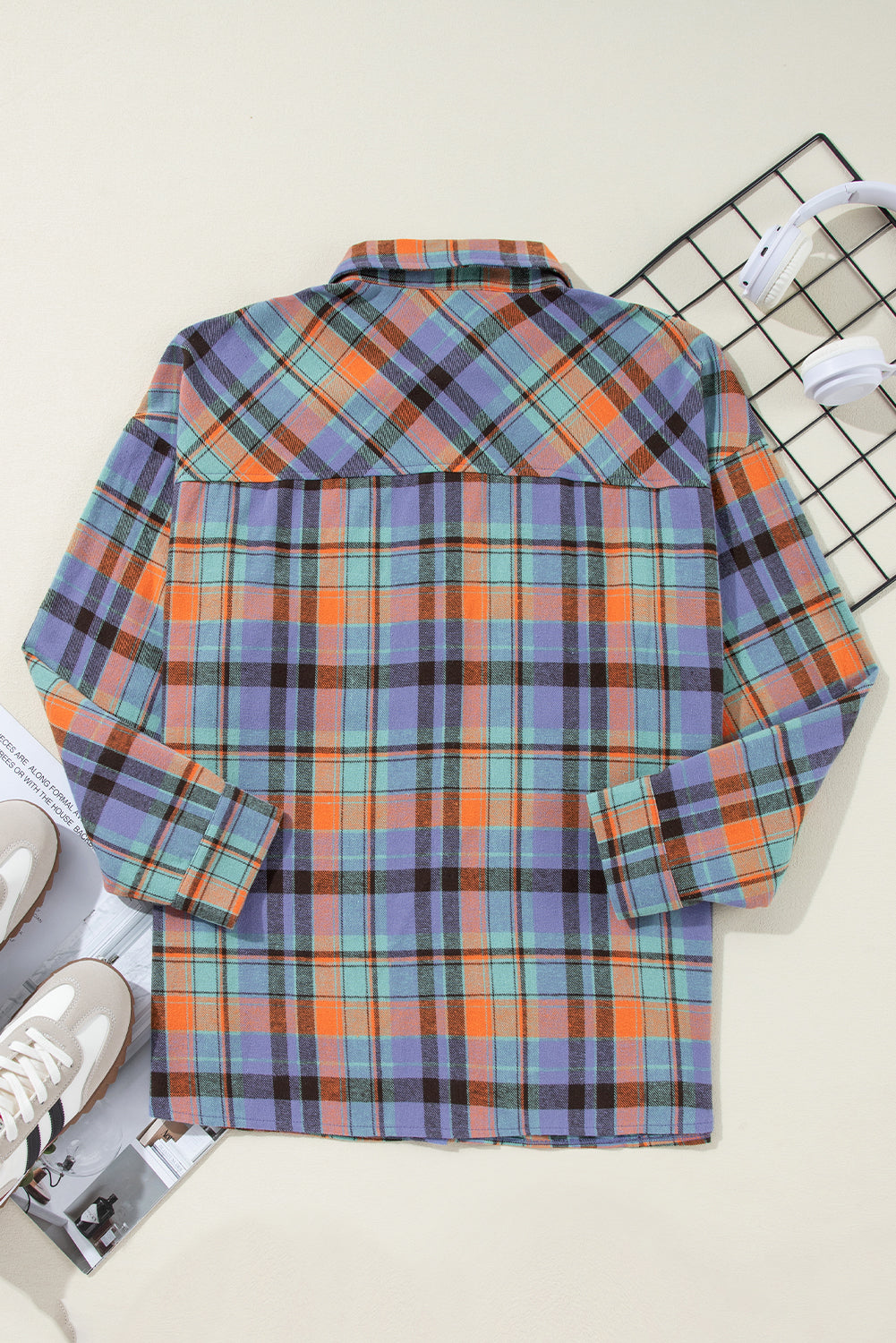 Blue & Orange Plaid Print Pocket Loose Shirt Shewin