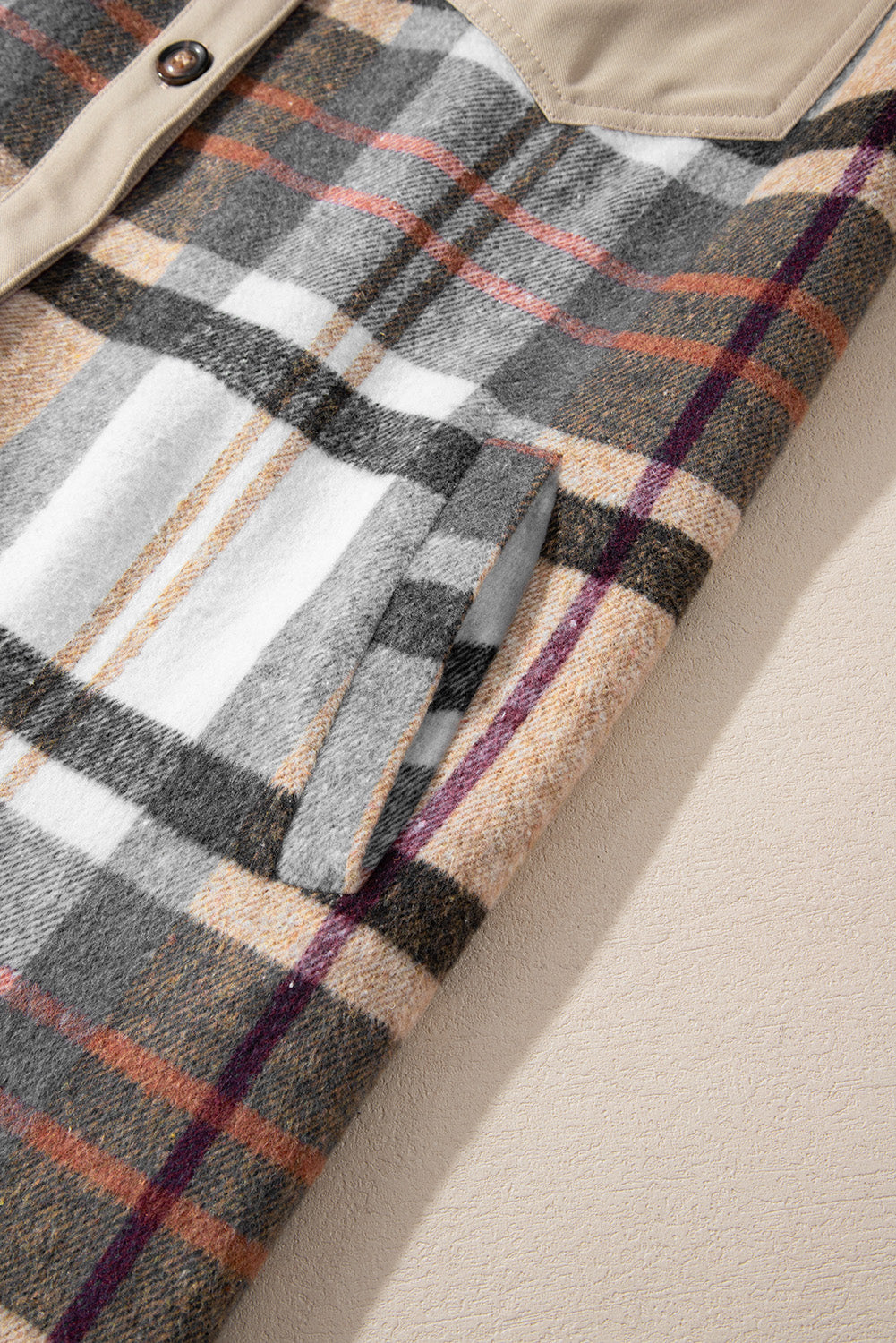 Khaki Plaid Patchwork Long Sleeve Jacket Shewin