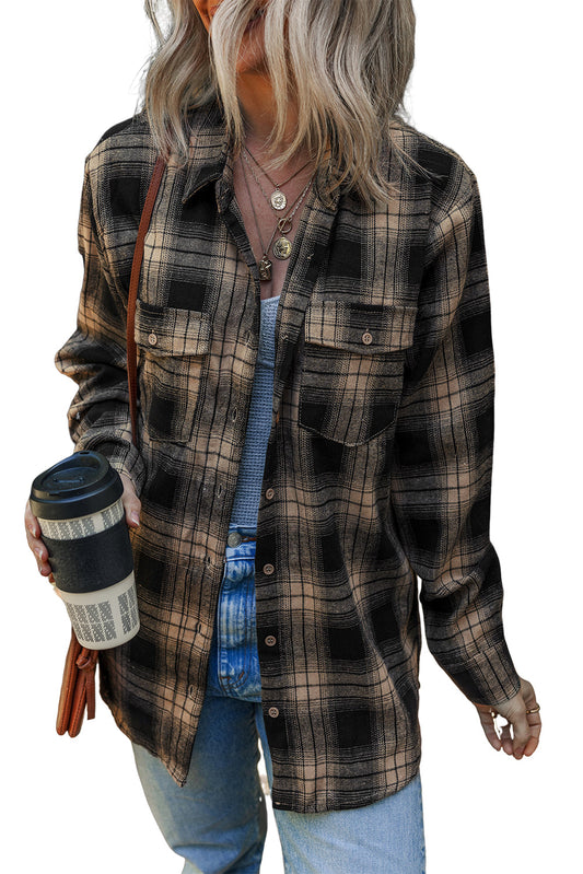 Multicolour Retro Plaid Double Flap Pocket Brushed Shacket Shewin