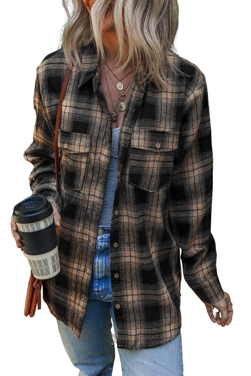 Multicolour Retro Plaid Double Flap Pocket Brushed Shacket Shewin