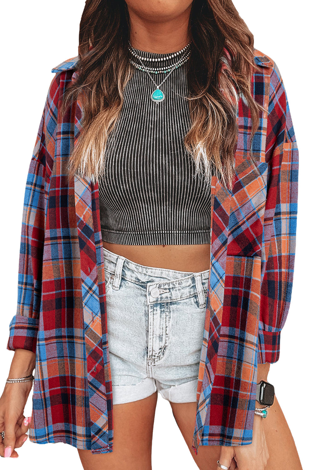 Red Plaid Print Long Sleeved Loose Cotton Collar Shirt Shewin