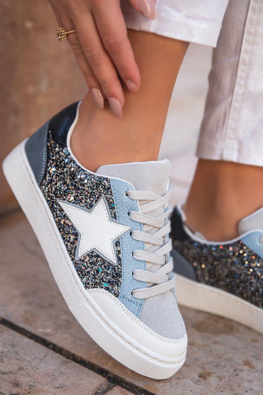 Silver Sequin Star Patch Lace Up Shoes - Baby Blue & Grey Blue Sneaker Accents Shewin