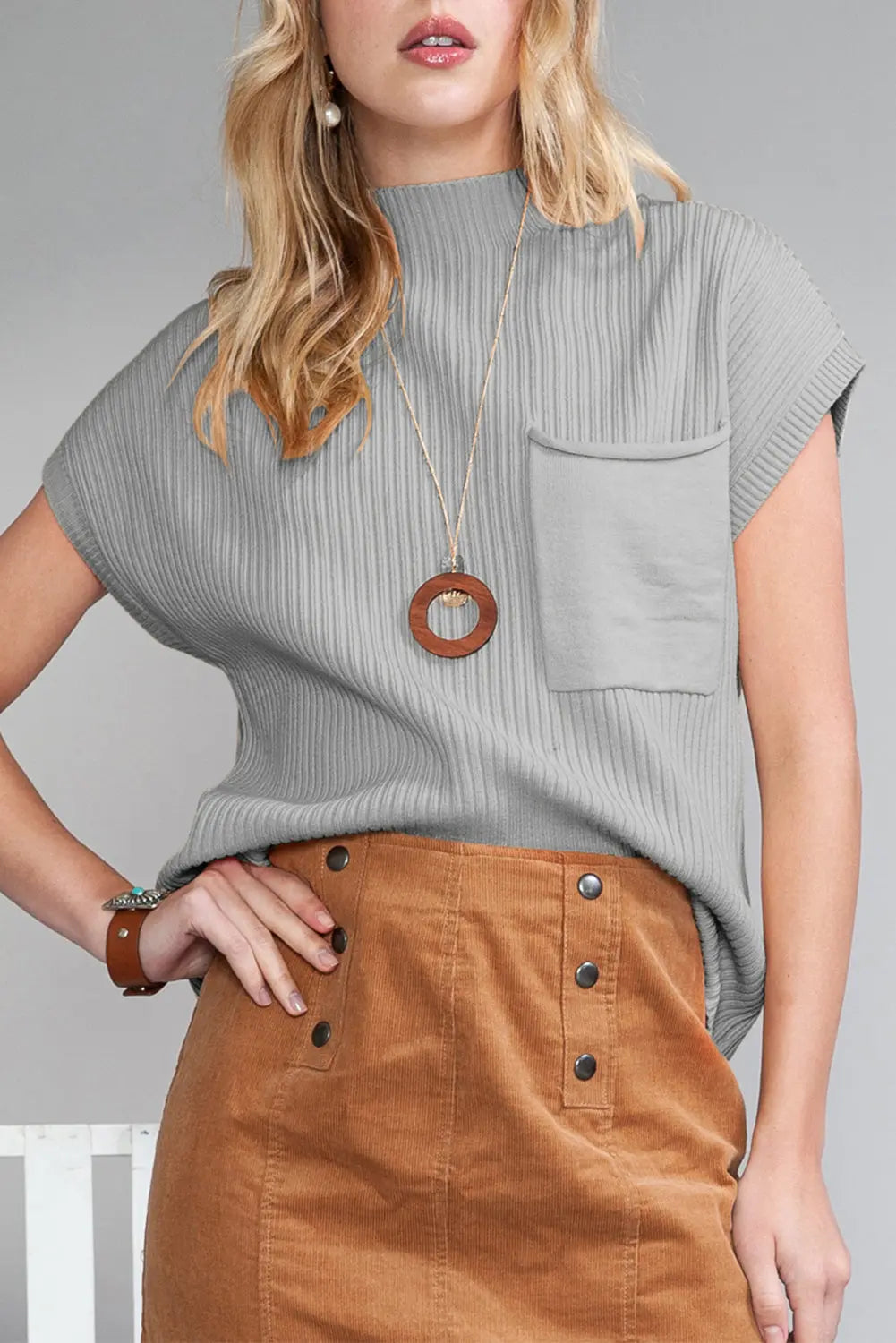 Gold Flame Patch Pocket Ribbed Knit Short Sleeve Sweater Shewin