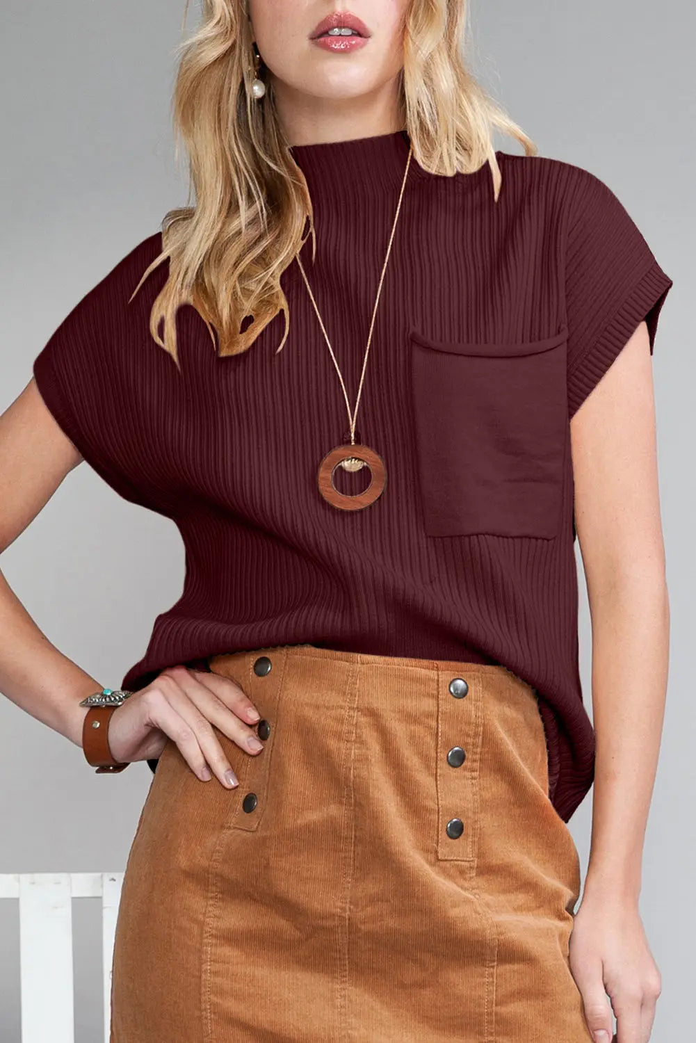 Gold Flame Patch Pocket Ribbed Knit Short Sleeve Sweater Shewin