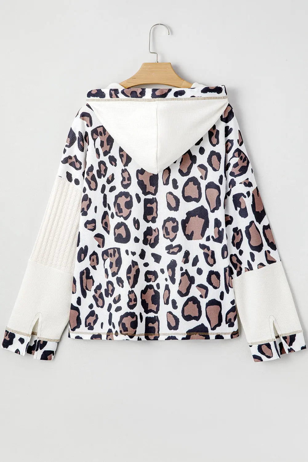 Apricot Leopard Mixed Texture Patchwork Zip Up Drop Shoulder Hoodie Shewin