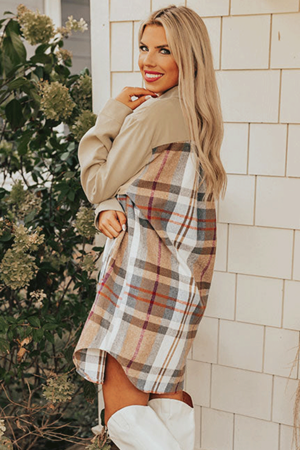 Khaki Plaid Patchwork Long Sleeve Jacket Shewin