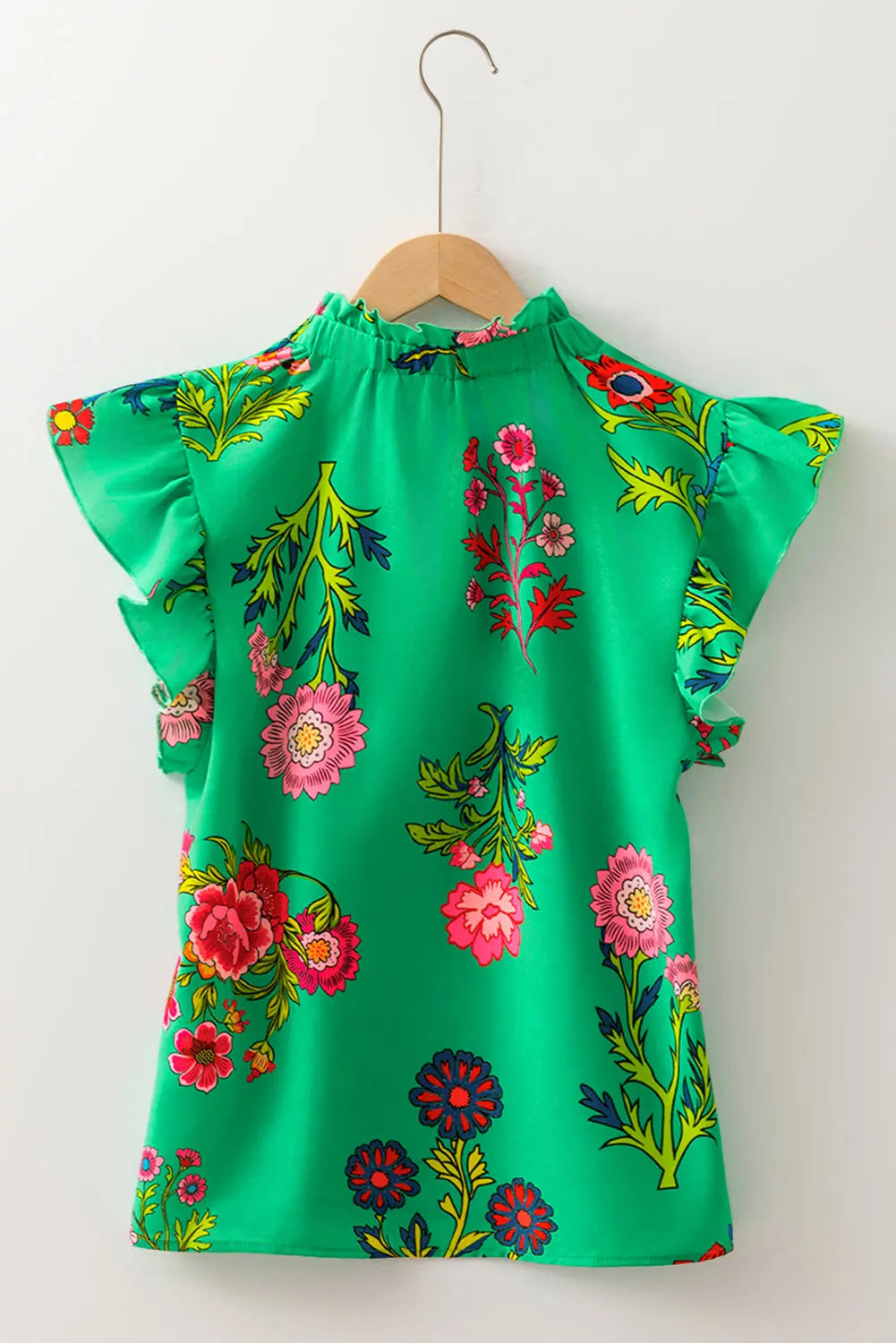 Green Floral Print Flutter Sleeve Frill Neck Blouse Shewin