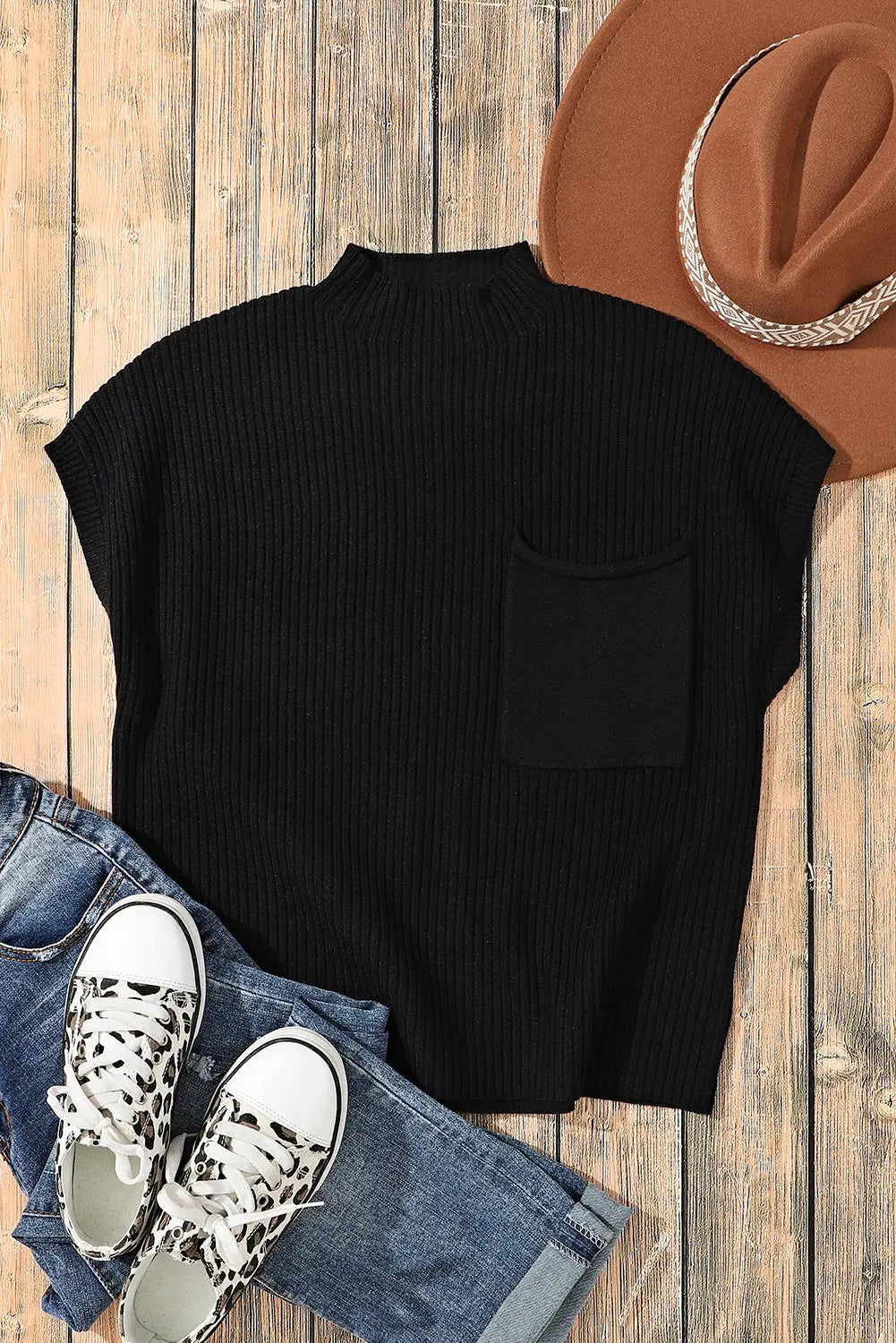 Gold Flame Patch Pocket Ribbed Knit Short Sleeve Sweater Shewin