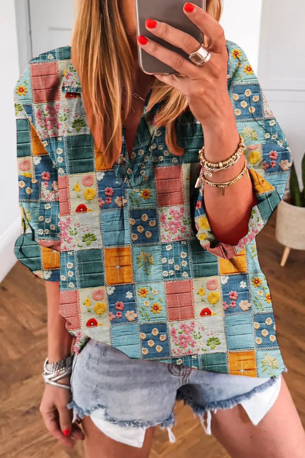 Sky Blue Floral Patchwork Collared V Neck Blouse Shewin