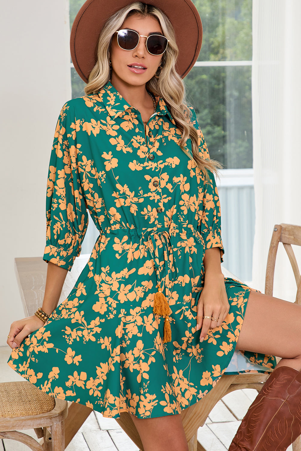 Green Floral Print Drawstring Flowy Short Dress Shewin