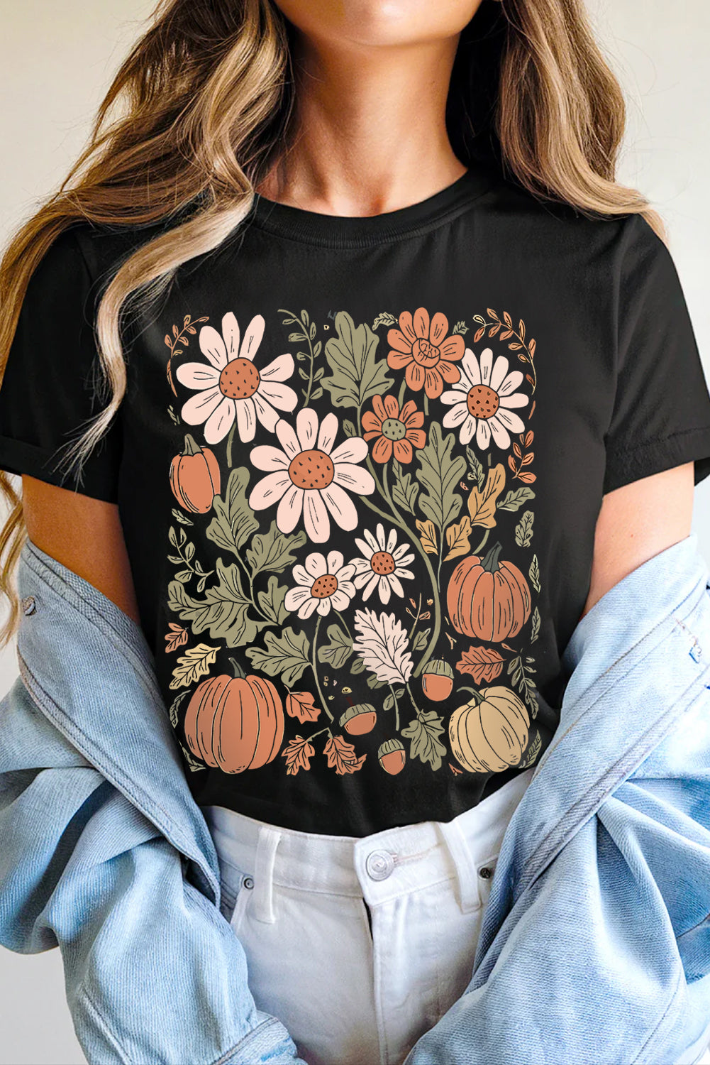 Black Wild Flower Pumpkin Print T Shirt Shewin