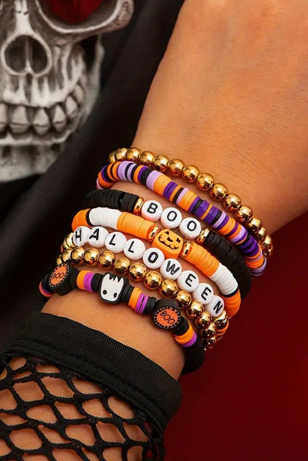 Russet Orange Playful 7pcs Halloween Beaded Bracelet Set Shewin