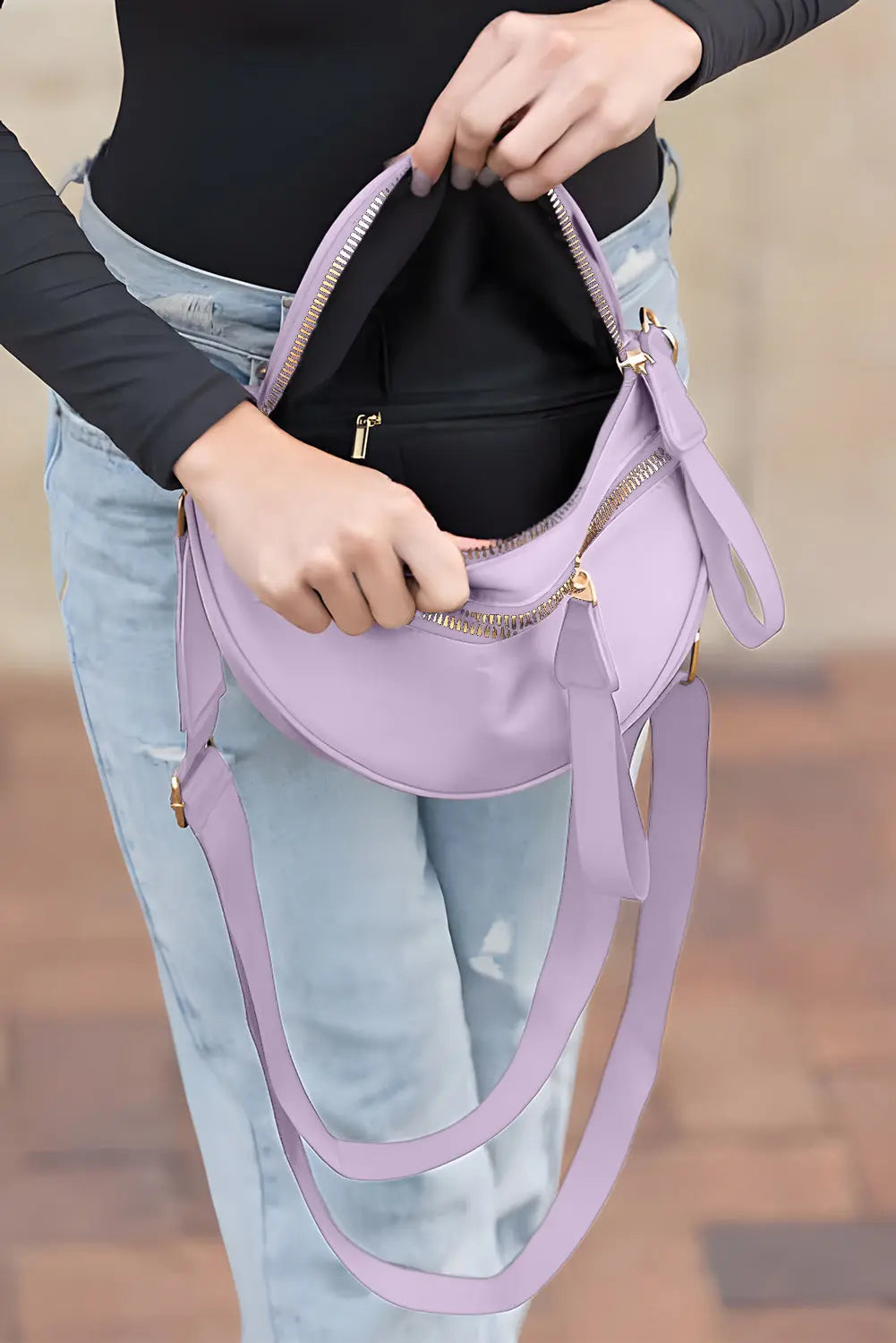 Light Blue Wide Strap Double Zipper Crossbody Bag Shewin