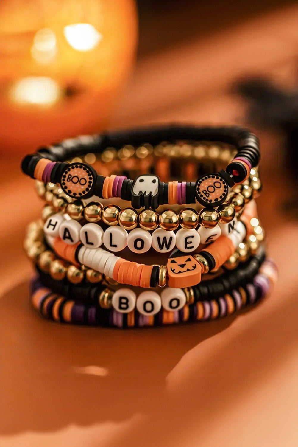 Russet Orange Playful 7pcs Halloween Beaded Bracelet Set Shewin