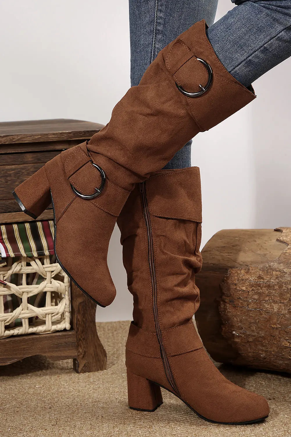 Coffee Suede Double Buckled Side Zipped Mid-calf Boots Shewin
