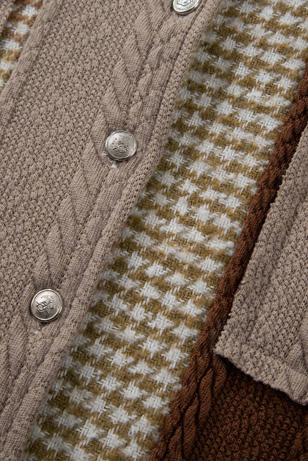 Khaki Houndstooth Textured Patchwork Loose Shacket Shewin