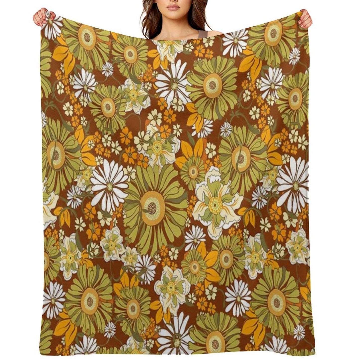 70s Retro Vintage Flower Power Pattern Boho, Orange, Brown, Throw Blanket