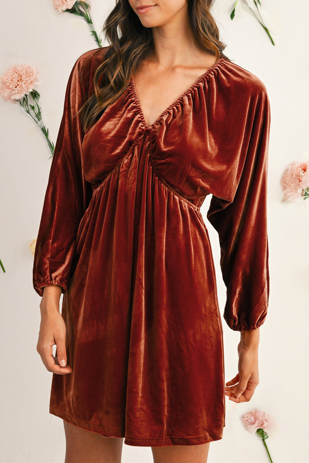 Terracotta Red Brown Clay Elastic V Neck Puff Sleeve Flowy Velvet Dress Shewin