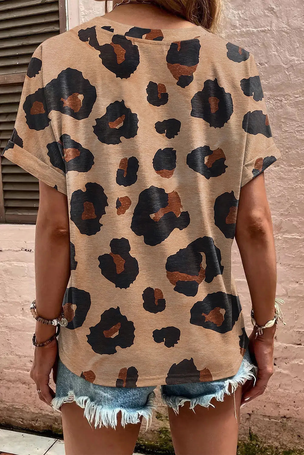 Light Beige Leopard Print Button V Neck T Shirt Shewin
