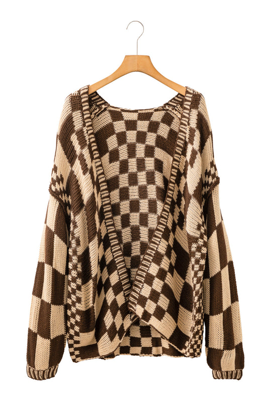 Dark Brown Colorblock Checked Loose Fit Open Front Knitted Cardigan Shewin