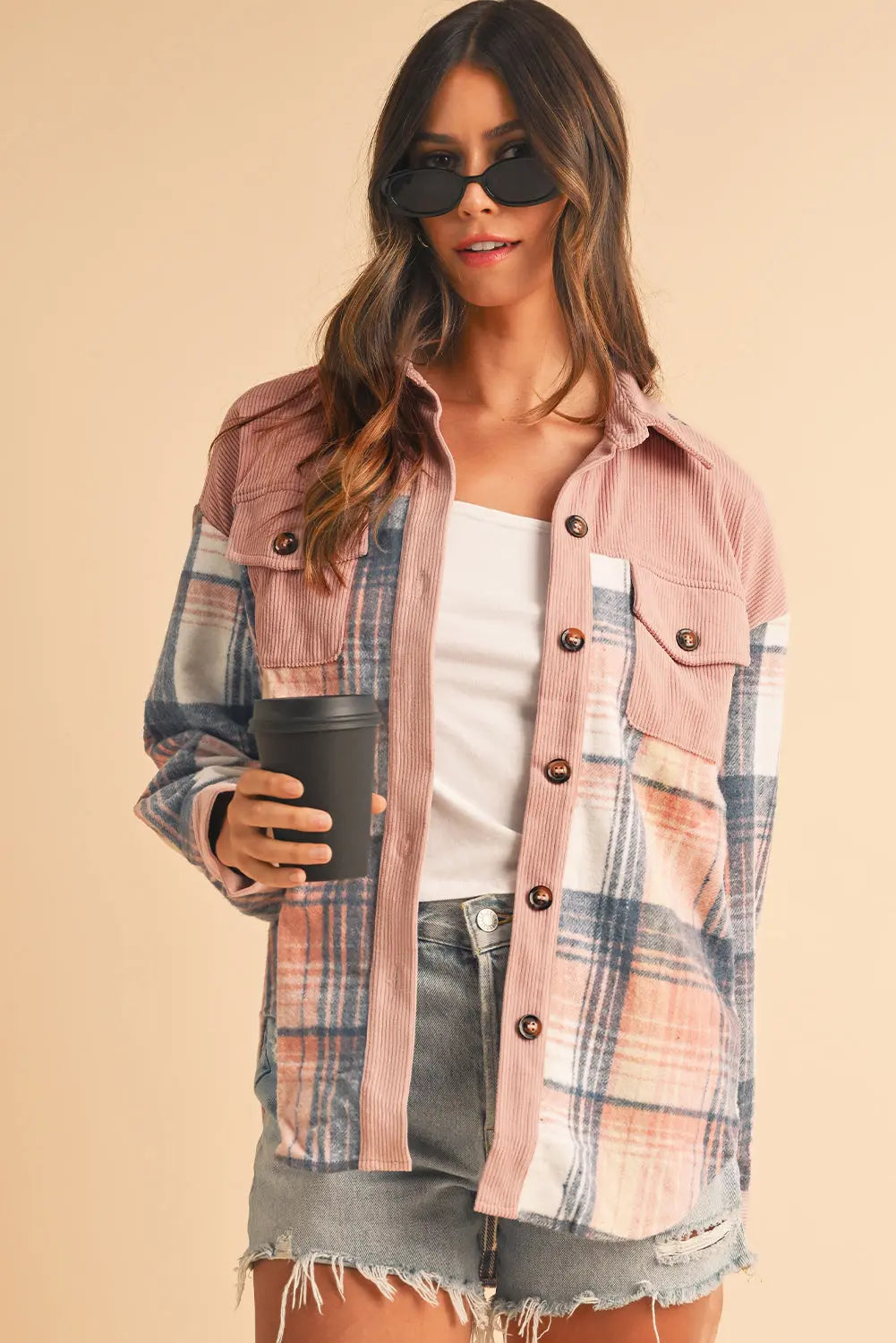 Cinnamon Plaid Corduroy Patchwork Pocket Loose Shacket Shewin